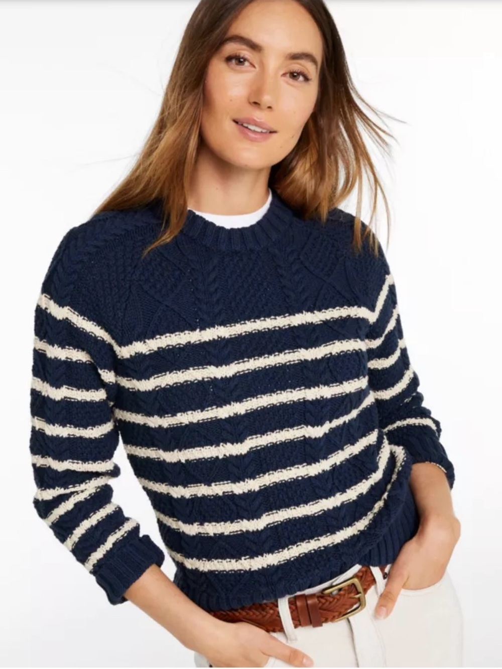 L.L. Bean Signature cotton fisherman crewneck sweater stripe small Regular